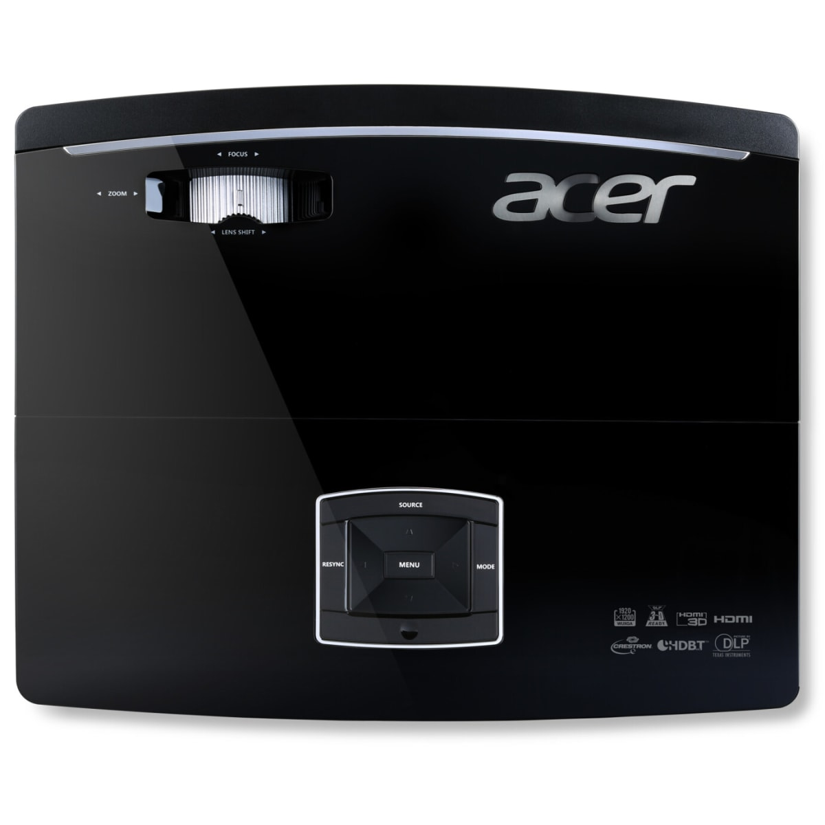 Proiettore Acer nero. Con spostamento dell'obiettivo, controlli di messa a fuoco e logo Acer. Superficie nera.