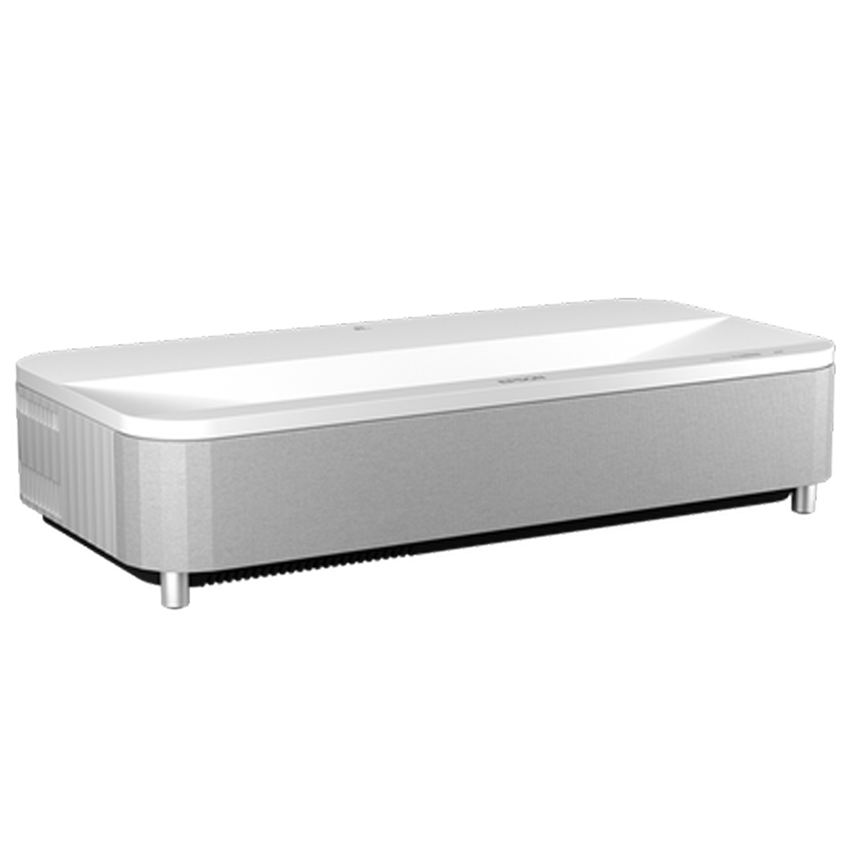 Biały i srebrny projektor o płaskiej konstrukcji, widok z boku.