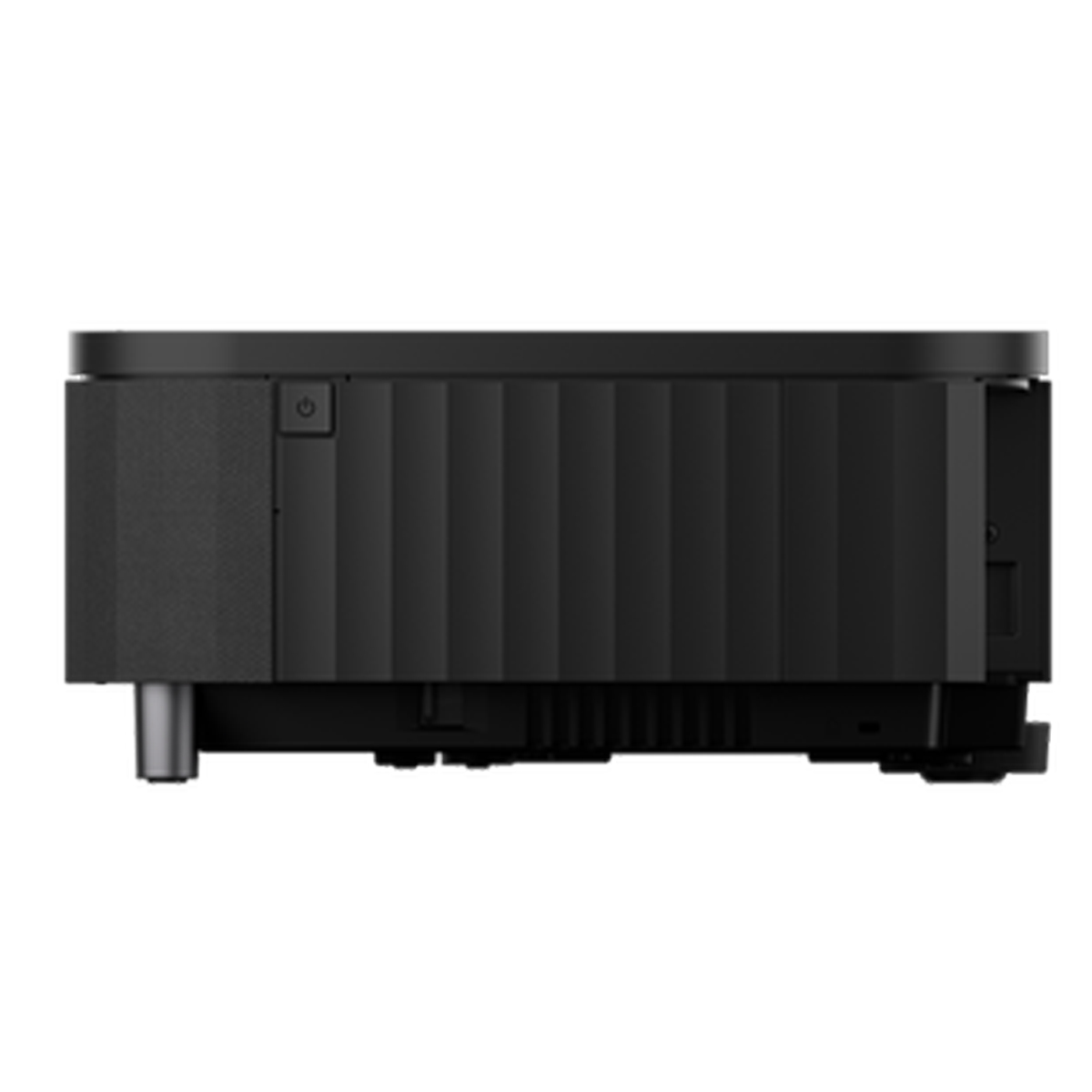 Vue latérale d'un projecteur noir. Le bouton d'alimentation est visible sur le côté.