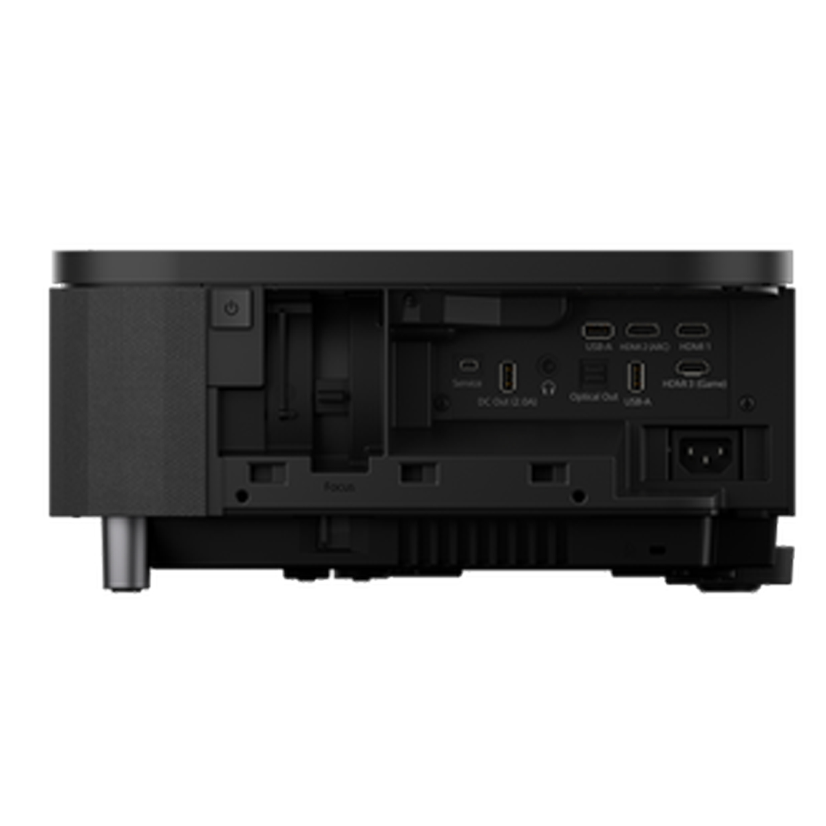 Arrière d'un projecteur noir. Les ports visibles incluent HDMI, USB et alimentation. Le fond est blanc.