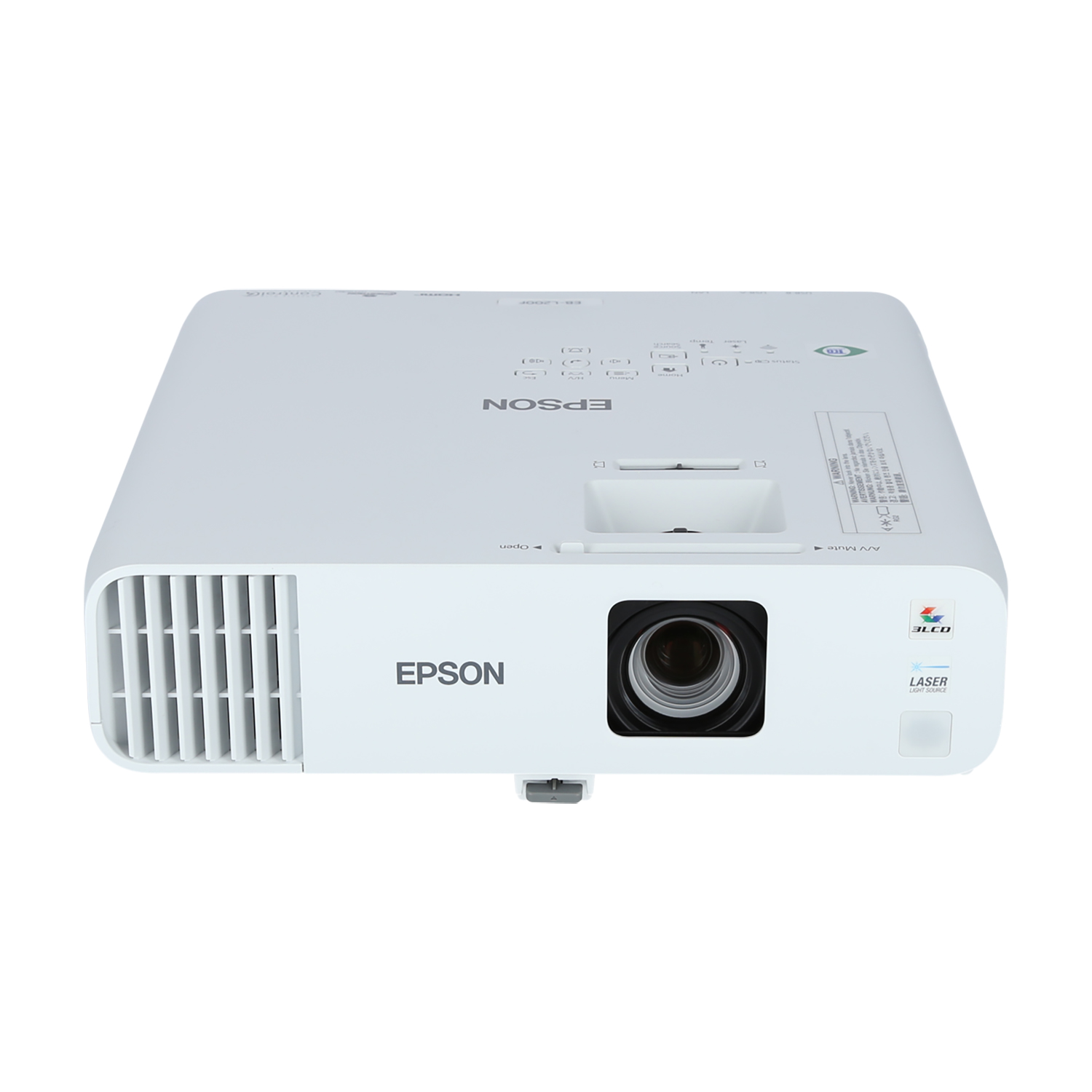 Weißer Epson-Projektor, Frontansicht, mit Linse und Lüftungsschlitzen. Weißer Hintergrund.