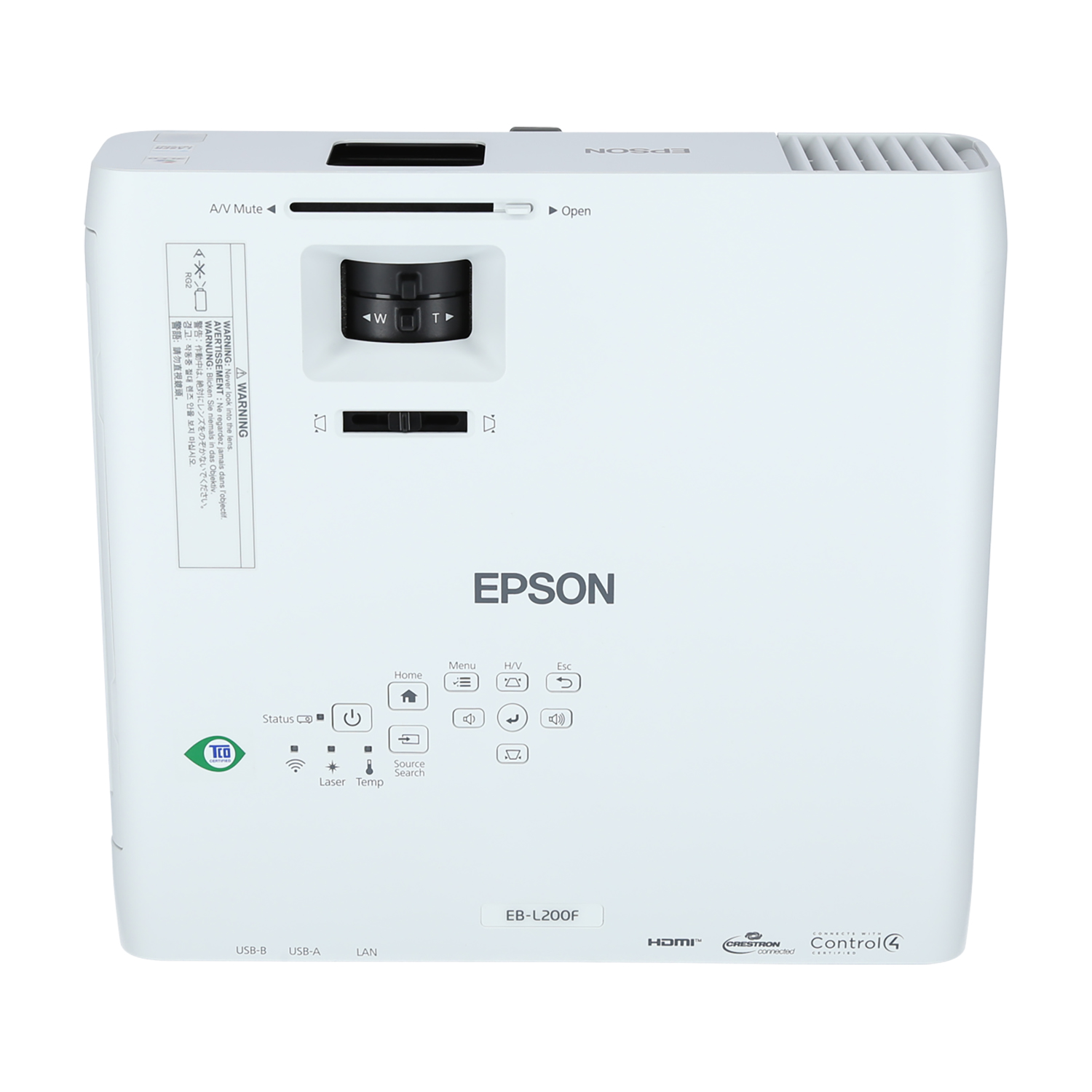 Weißer Epson-Projektor, Draufsicht. Tasten für Strom, Menü und Quellenauswahl. Weißer Hintergrund.