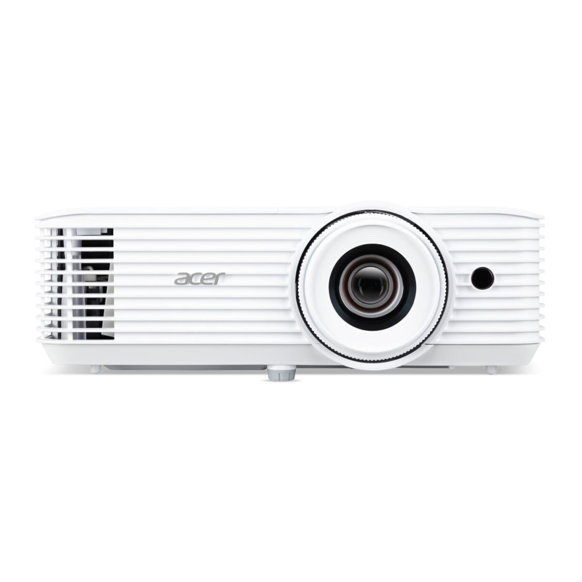 Proyector blanco con lente, ventilación y logo Acer. Está sobre un fondo blanco.