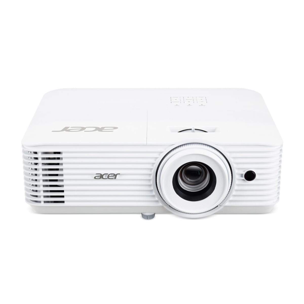 Proyector Acer blanco, vista frontal, con lente central y ventilación lateral.