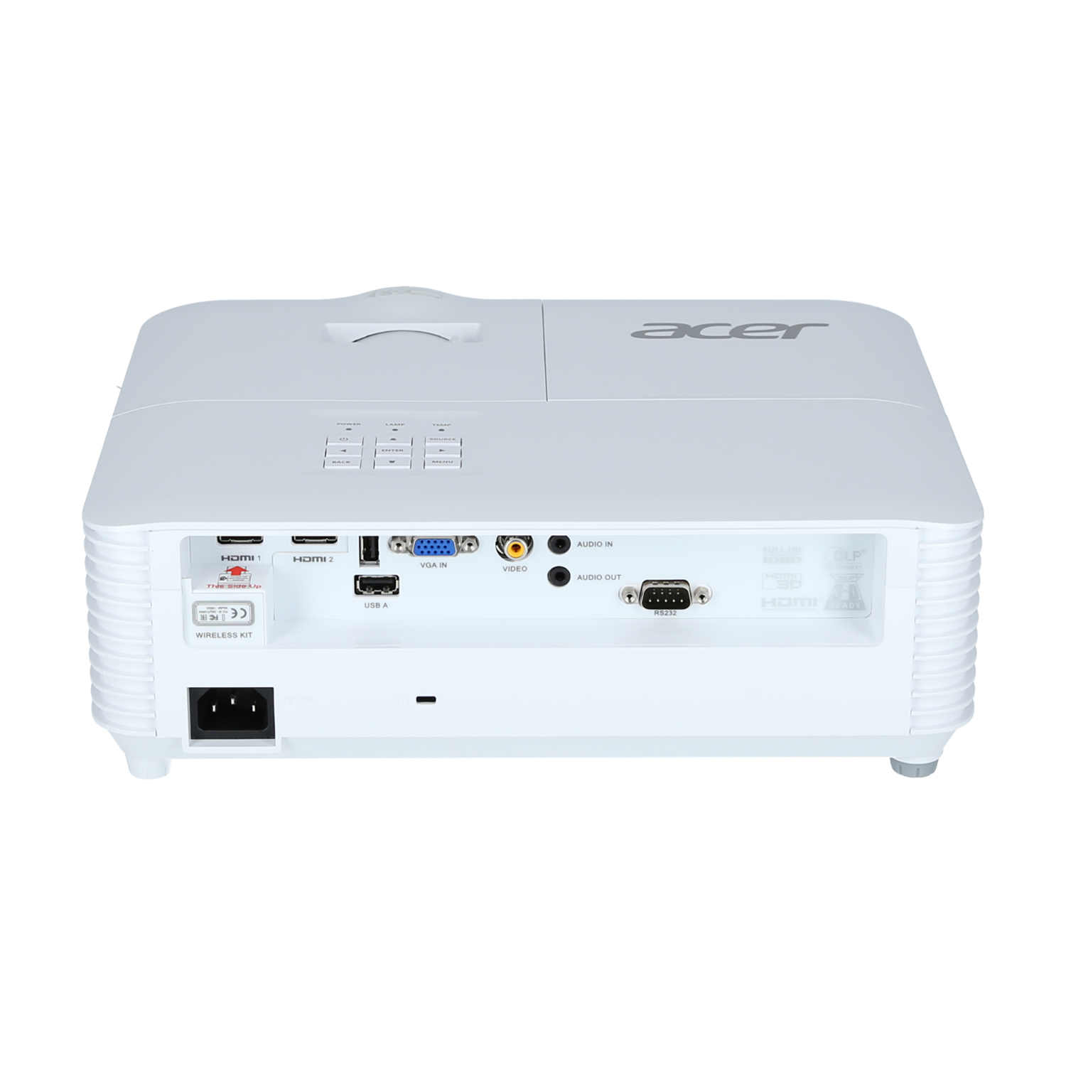 Un proyector blanco con múltiples puertos, con la parte trasera orientada al espectador.