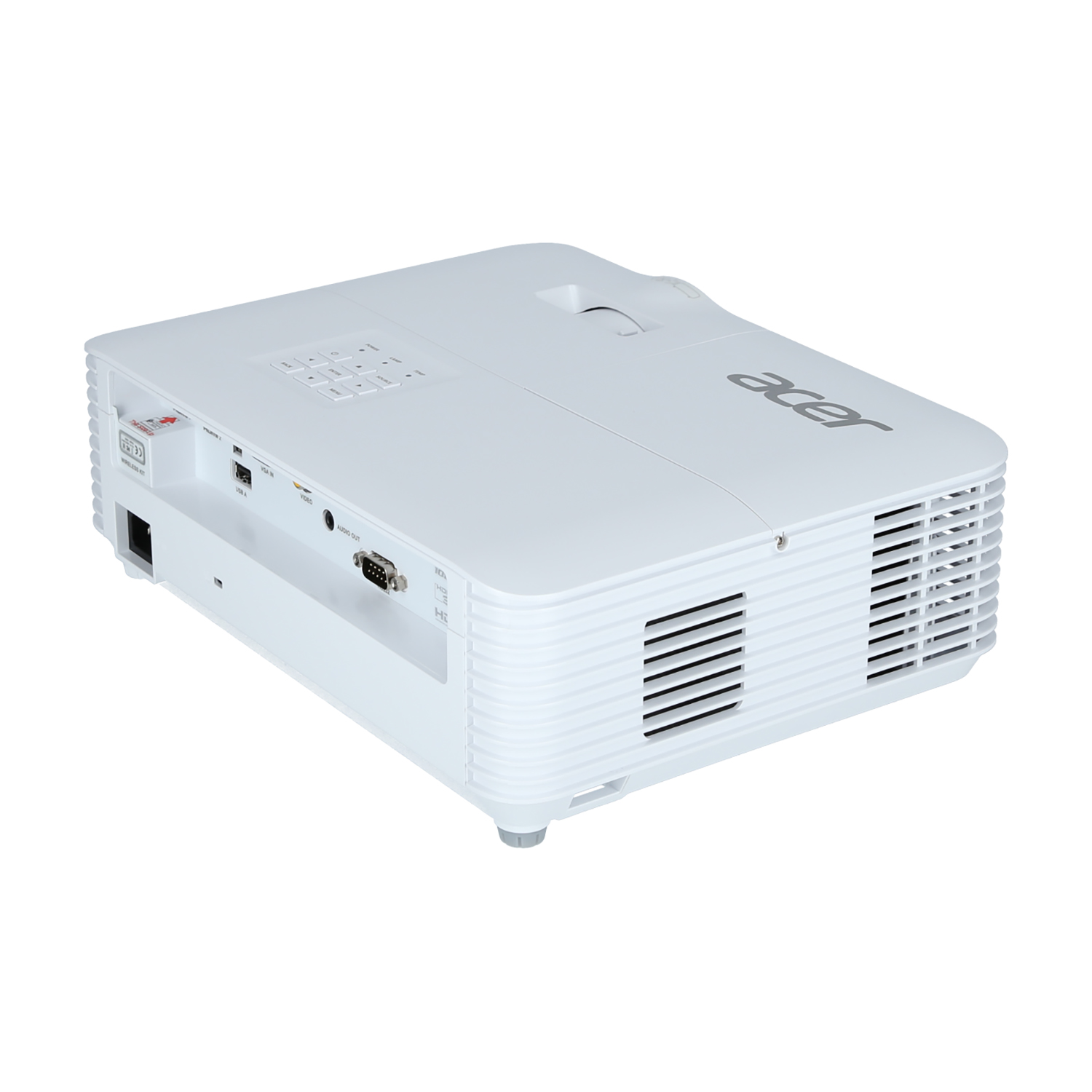 Proyector Acer blanco. Tiene ventilación lateral y varios puertos en la parte trasera.