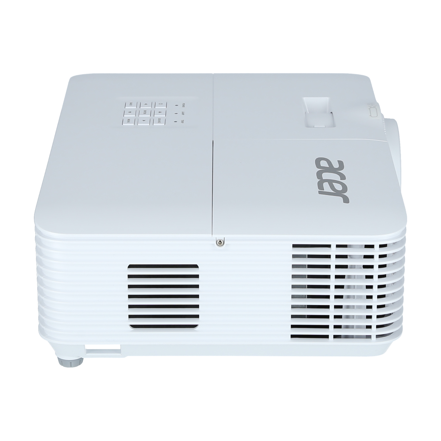 Proyector Acer blanco, vista superior. Cuenta con botones, ventilaciones y el logotipo de Acer en el lateral.