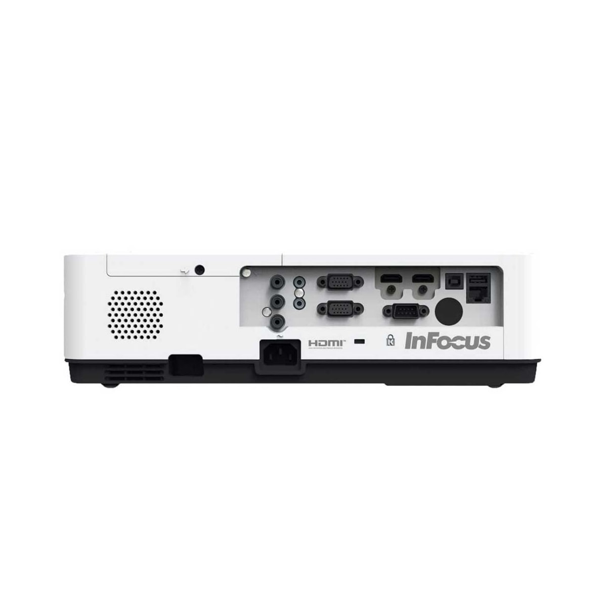 Un proiettore InFocus bianco, vista posteriore con porte e connessioni, simile a ASSET_MP_108448046.