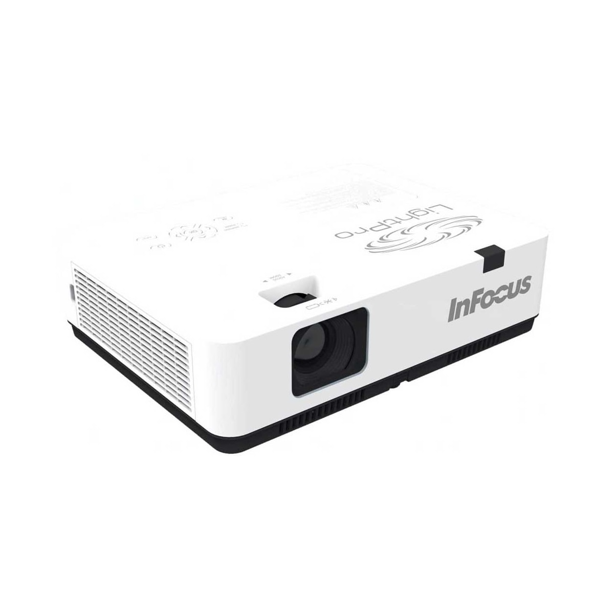 Proiettore bianco InFocus LightPro con obiettivo nero. Il logo InFocus è visibile sul lato del dispositivo.
