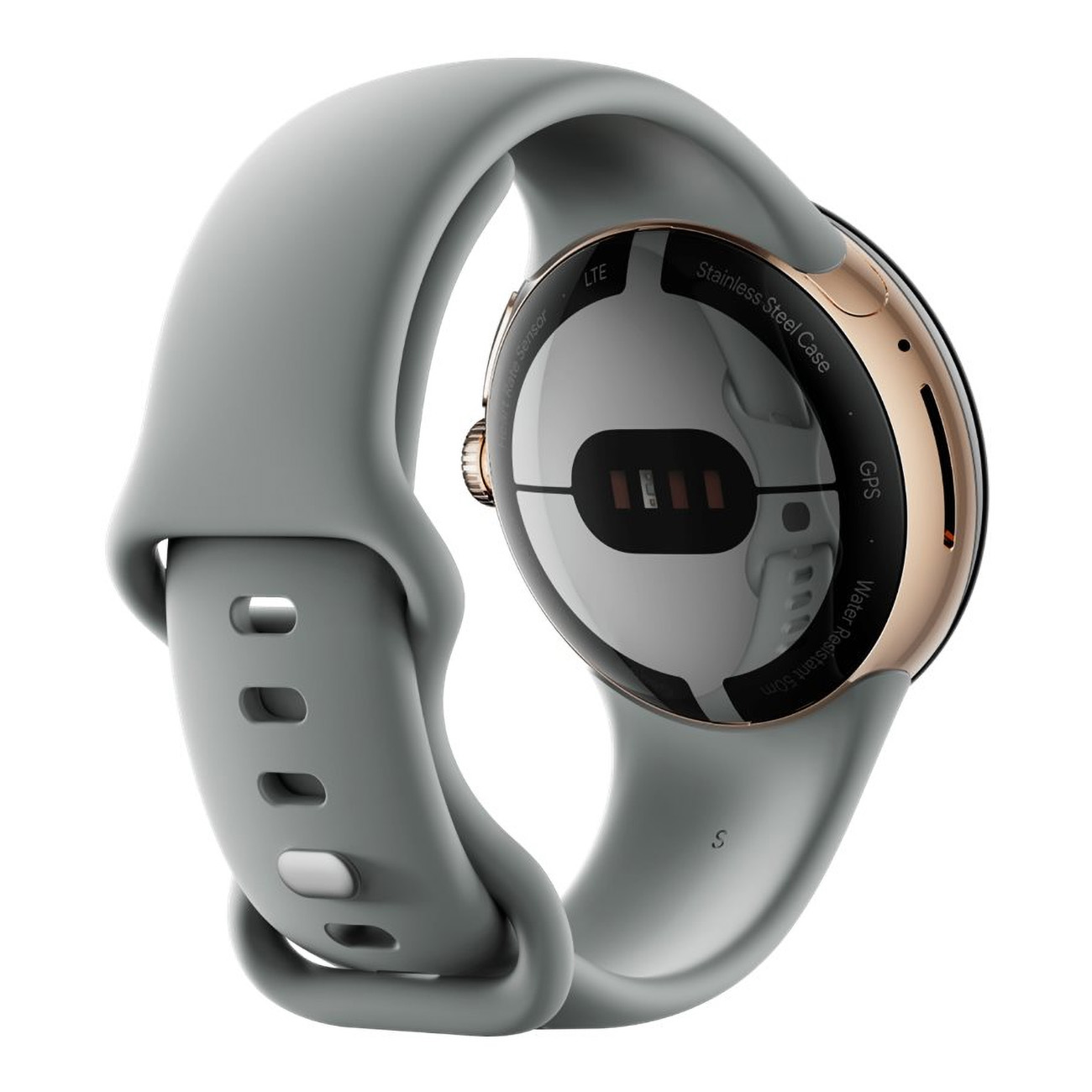 Szary smartwatch ze złotą obudową, szarym paskiem i czarnym ekranem, widok z tyłu.