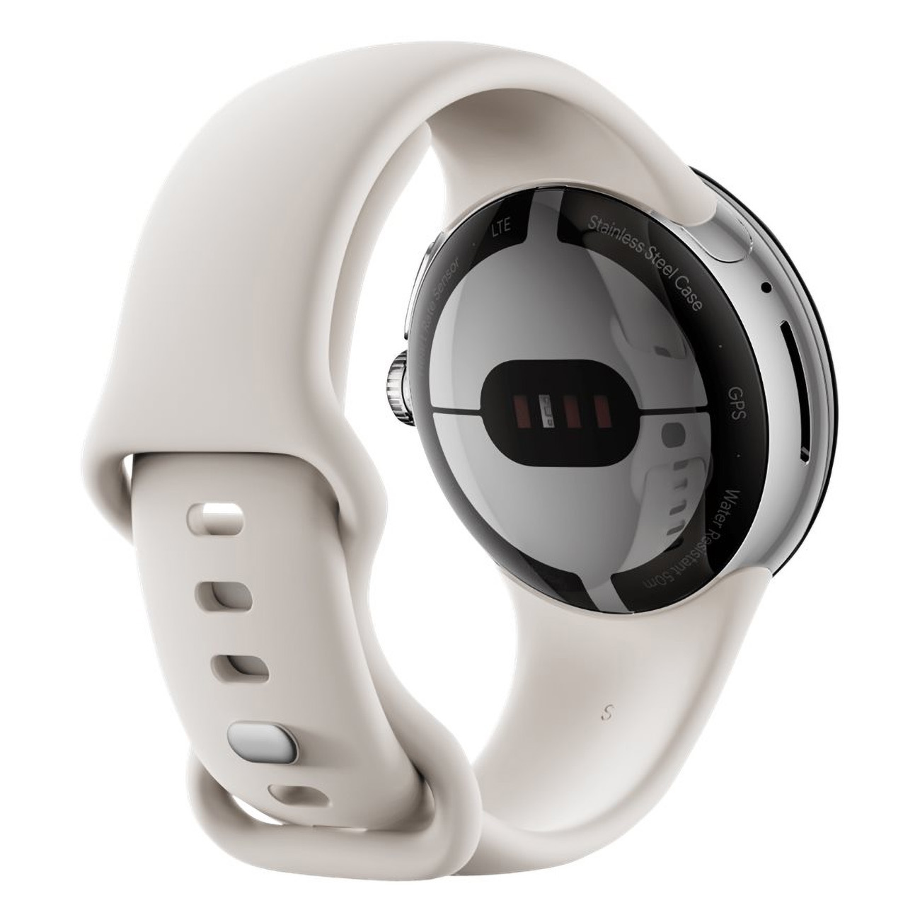 Biały smartwatch z okrągłą tarczą i białym paskiem. Ma czarny ekran i srebrną ramkę.