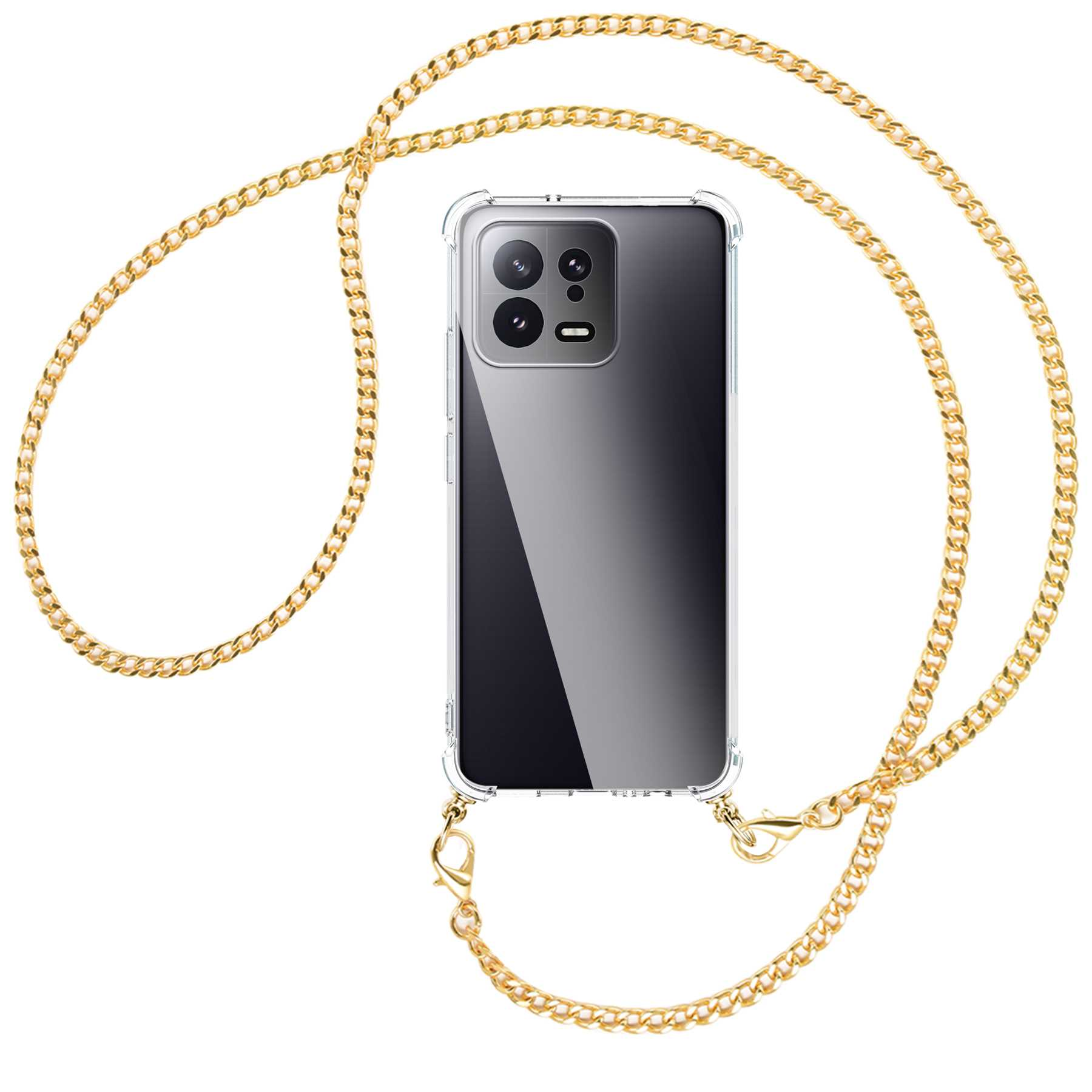 Ein Smartphone in einer transparenten Hülle mit goldener Kette vor weißem Hintergrund.