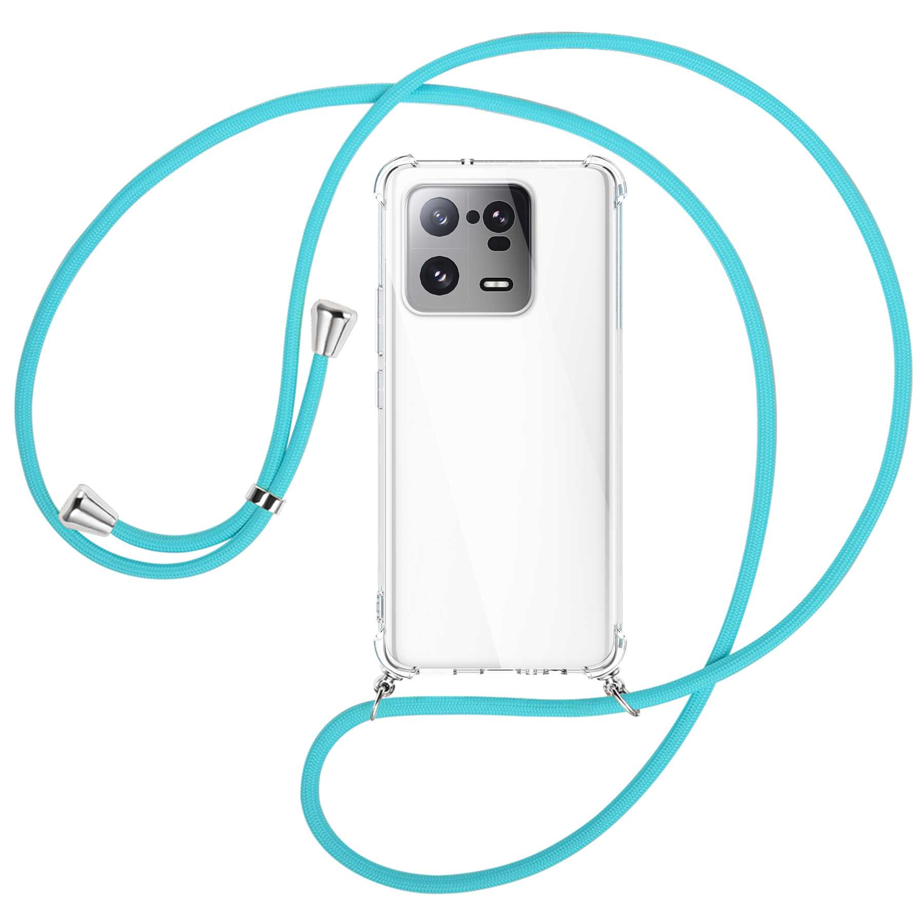 Transparente Handyhülle mit türkisfarbenem Riemen. Das Telefon ist weiß.