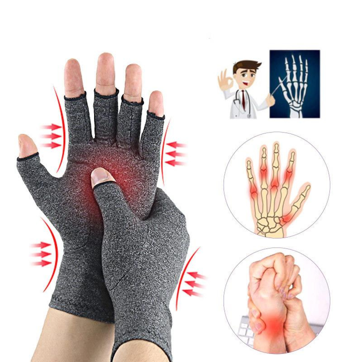 Hände in grauen Kompressionshandschuhen. Diagramme von Handschmerzen, medizinische Illustration.