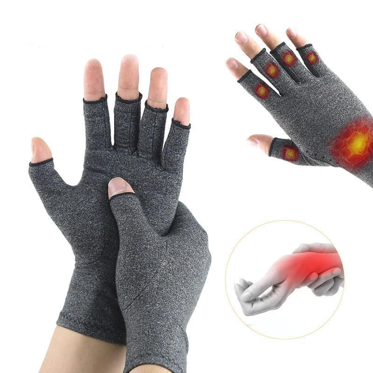 Graue Kompressionshandschuhe. Hand mit roter Schmerzindikation.