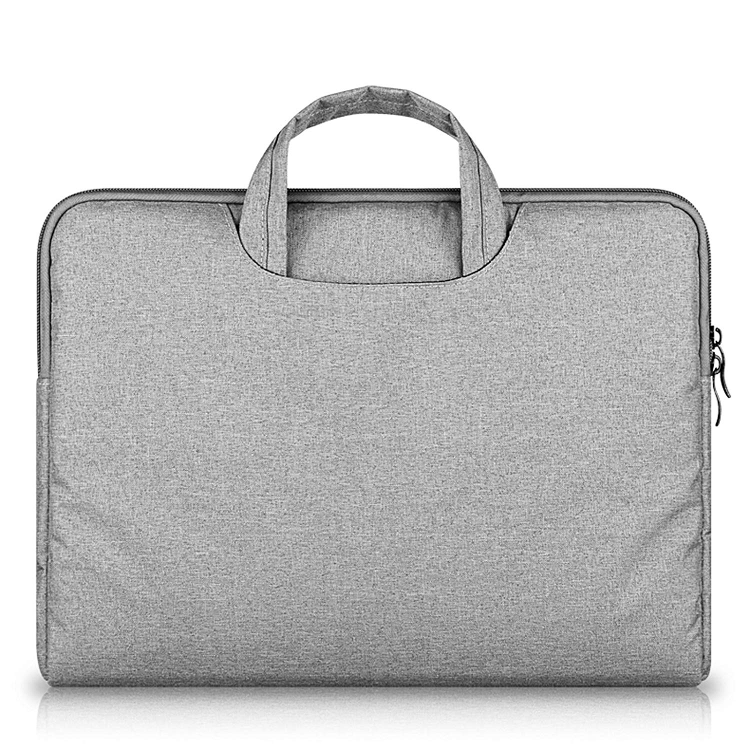 Eine graue Laptoptasche mit Reißverschluss, Griff und kleiner Tasche. Das Design ist schlicht.