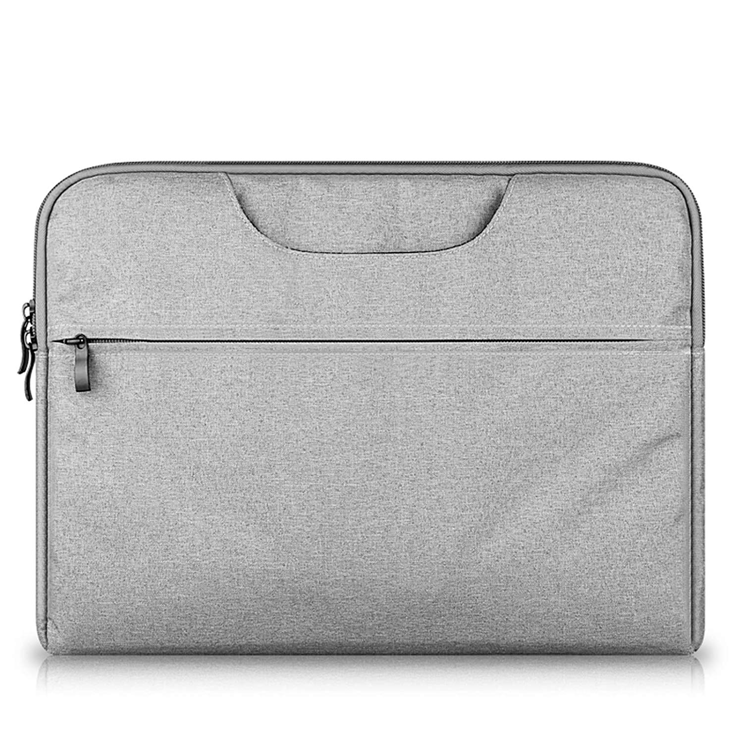 Eine graue Laptoptasche mit Reißverschluss und Griff.