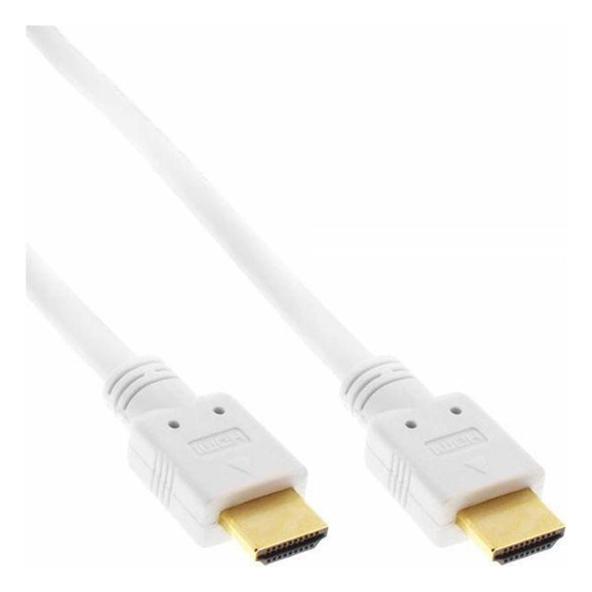 Cable HDMI blanco con conectores. Conectores dorados. Fondo blanco.