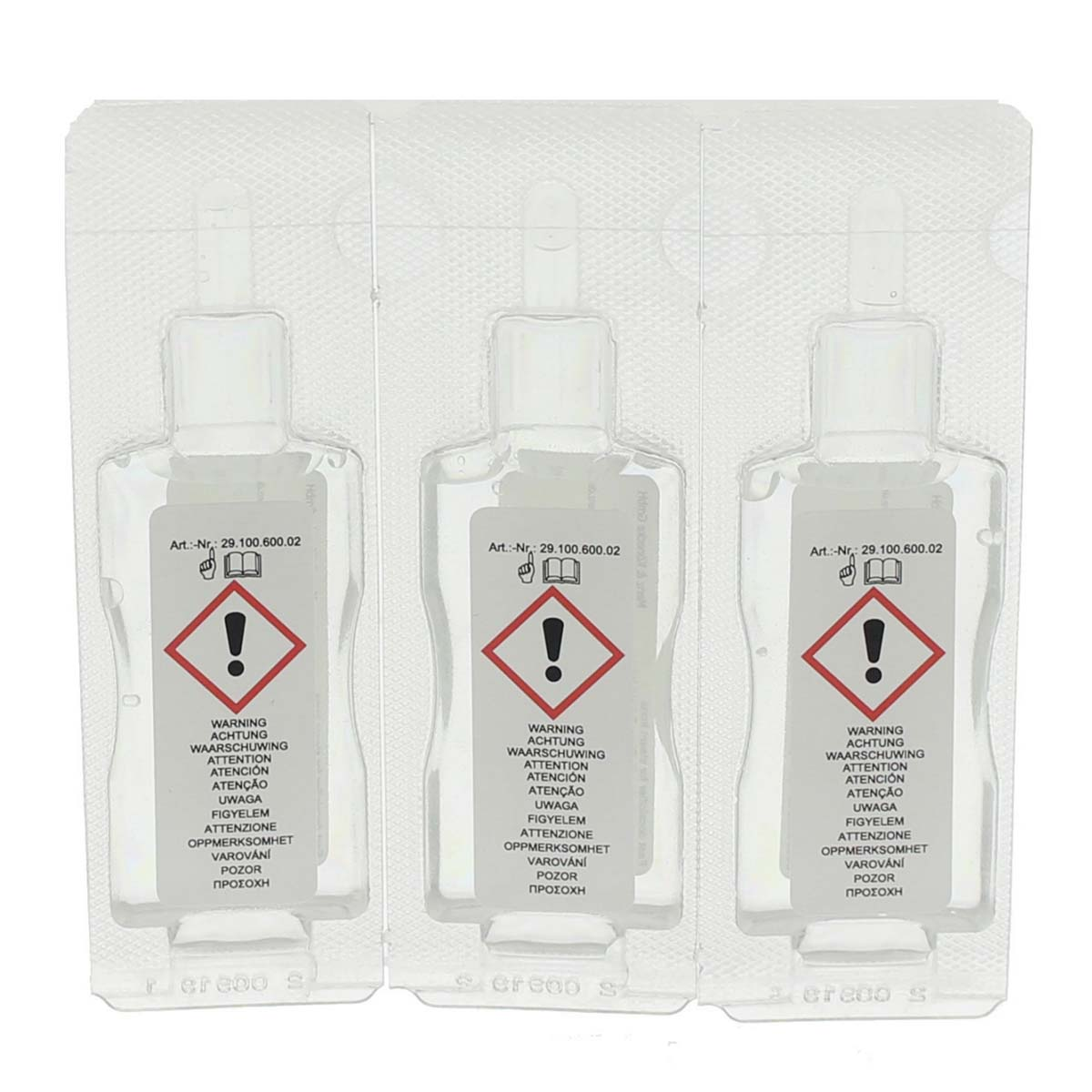 Trzy przezroczyste butelki z czerwonymi naklejkami ze znakiem wykrzyknika, w blistrze.