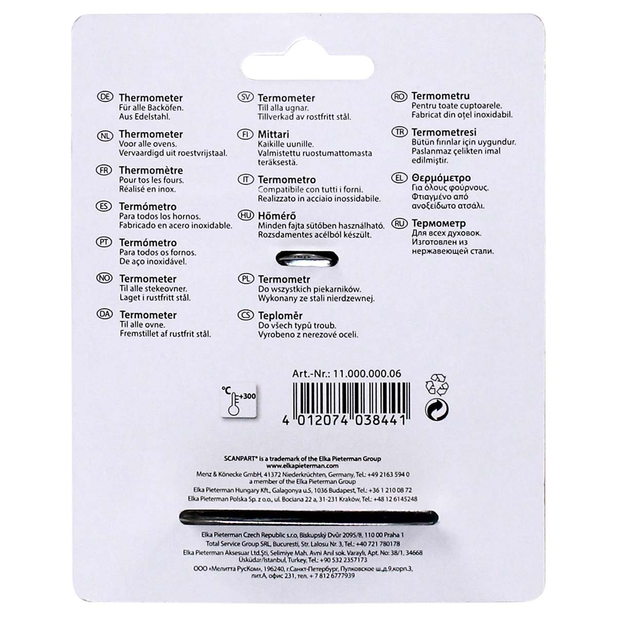 Thermometerverpackung mit mehrsprachigem Text und Temperaturskala.
