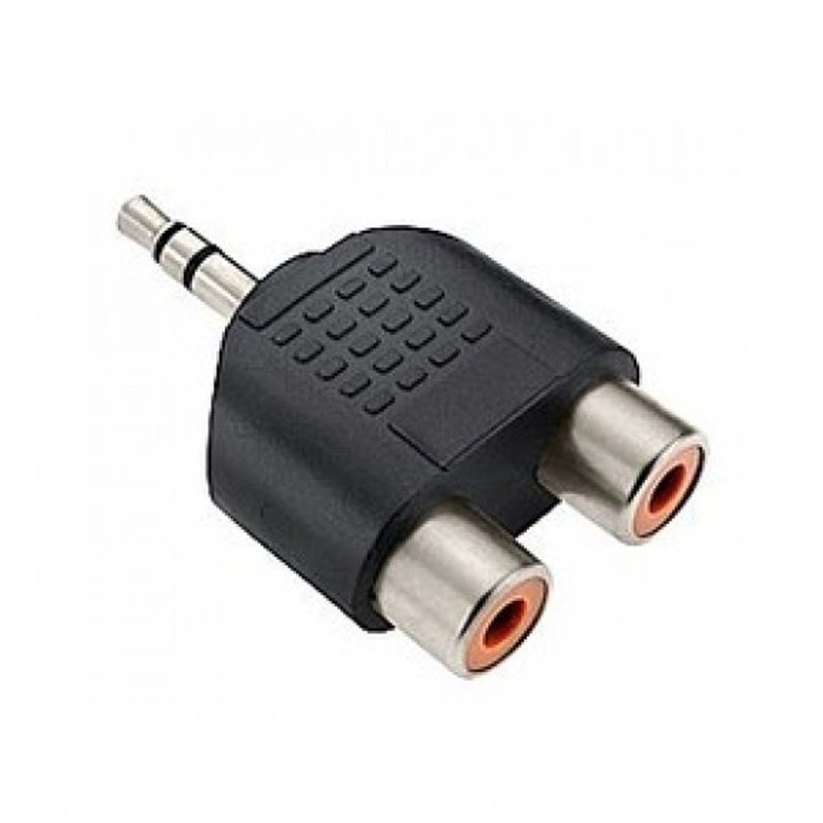 Adaptador de audio negro con dos puertos rojos y uno plateado.