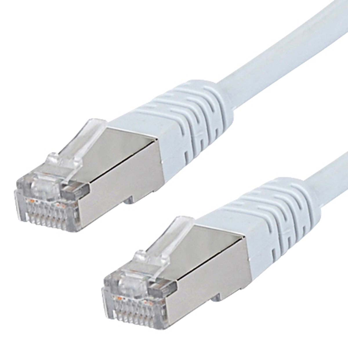 Dwa białe kable Ethernet. Każdy ma złącze. Złącza są srebrne.
