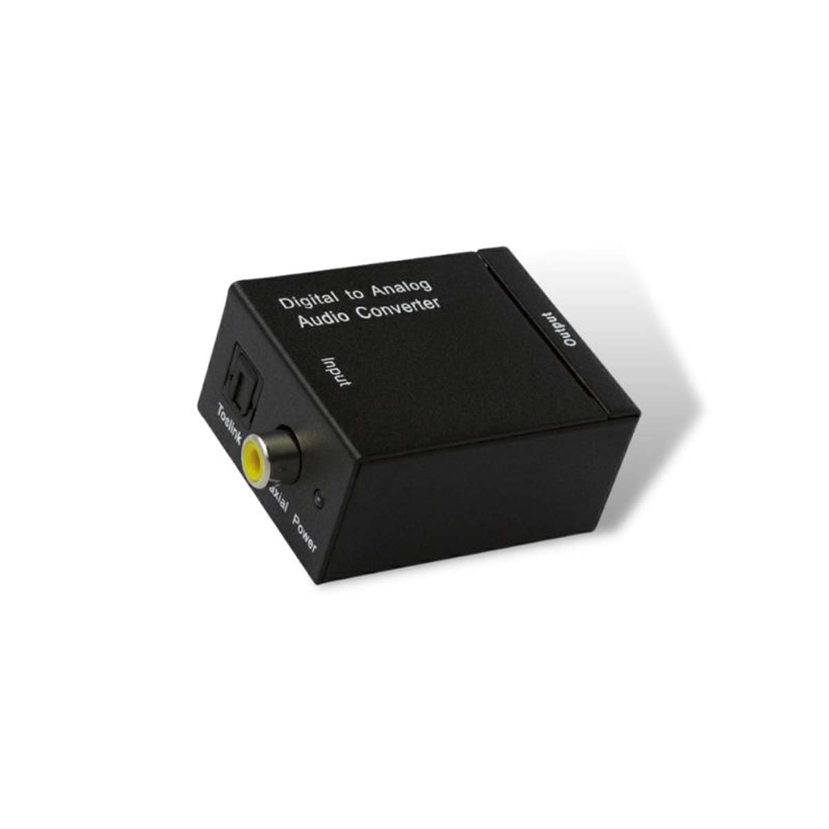 Un convertidor de audio digital a analógico negro. Tiene conexiones de entrada, salida y alimentación.