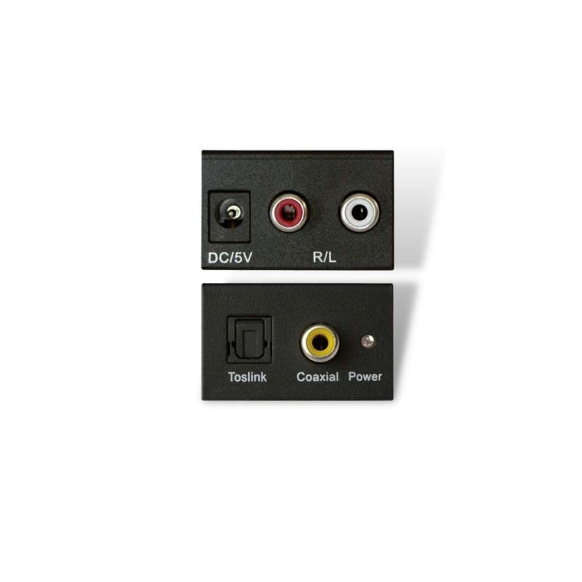 Puertos de audio negros: DC/5V, R/L, Toslink y Coaxial Power. Están sobre un fondo blanco.