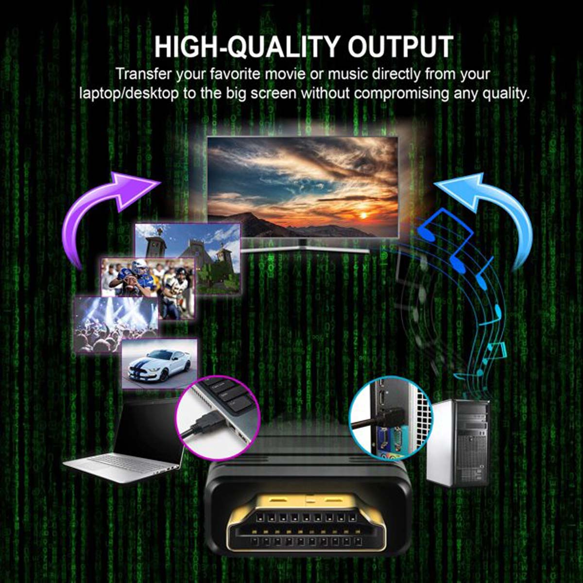 Un conector HDMI con imágenes de un portátil, un televisor y una computadora, con un fondo de efecto matriz verde.