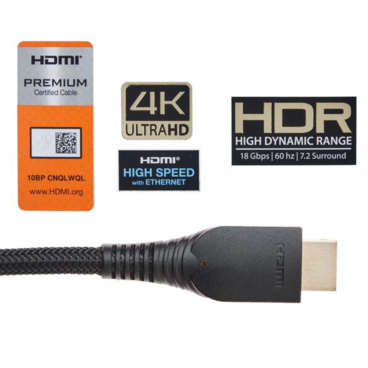 Cable HDMI con etiquetas que muestran 4K, HDR y Alta Velocidad. Cable y conector negro.