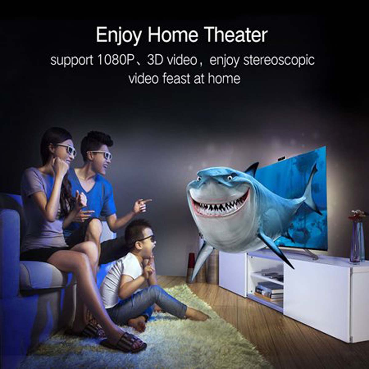 Familia viendo una película 3D en una pantalla grande en la sala.