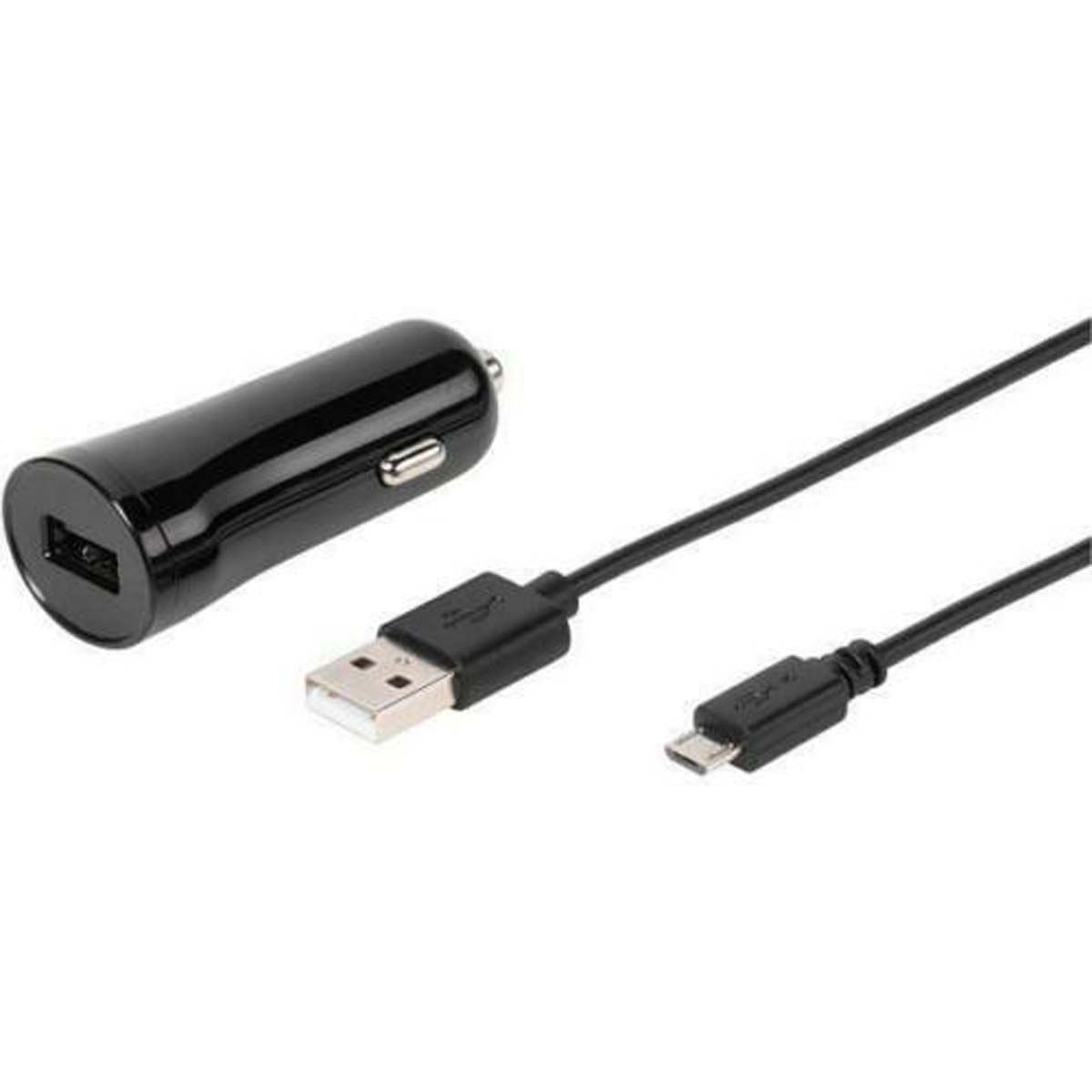 Cargador de coche negro con puerto USB y cable USB a micro-USB.