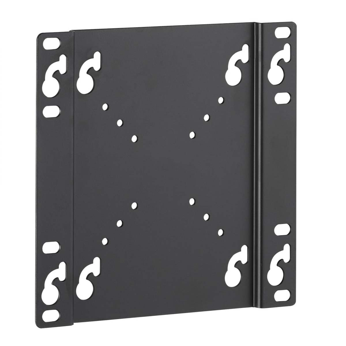 Soporte de pared para TV de metal negro con orificios de montaje.