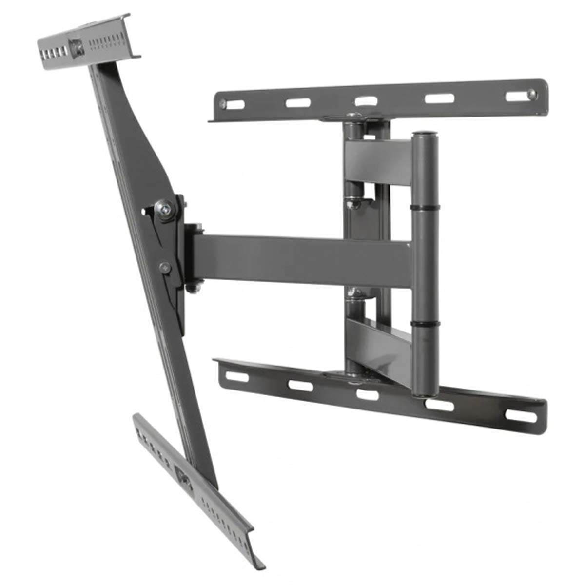 Supporto TV in metallo grigio. Il supporto ha più bracci e piastre regolabili. È progettato per il montaggio a parete.