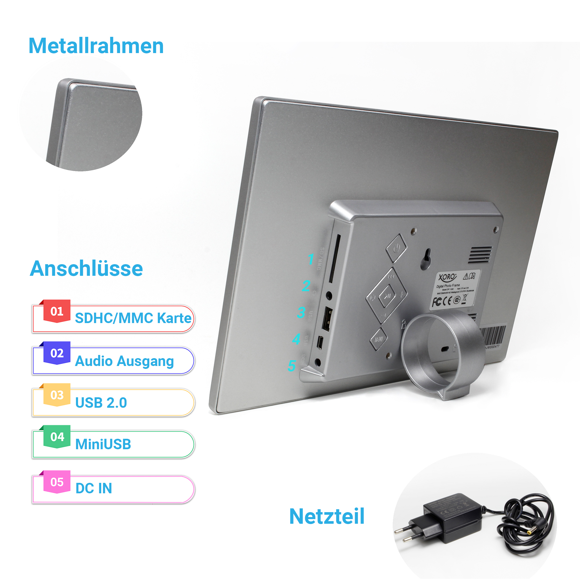 Rückseite eines digitalen Bilderrahmens mit Anschlüssen, Ständer und Netzteil. Silberner Rahmen.