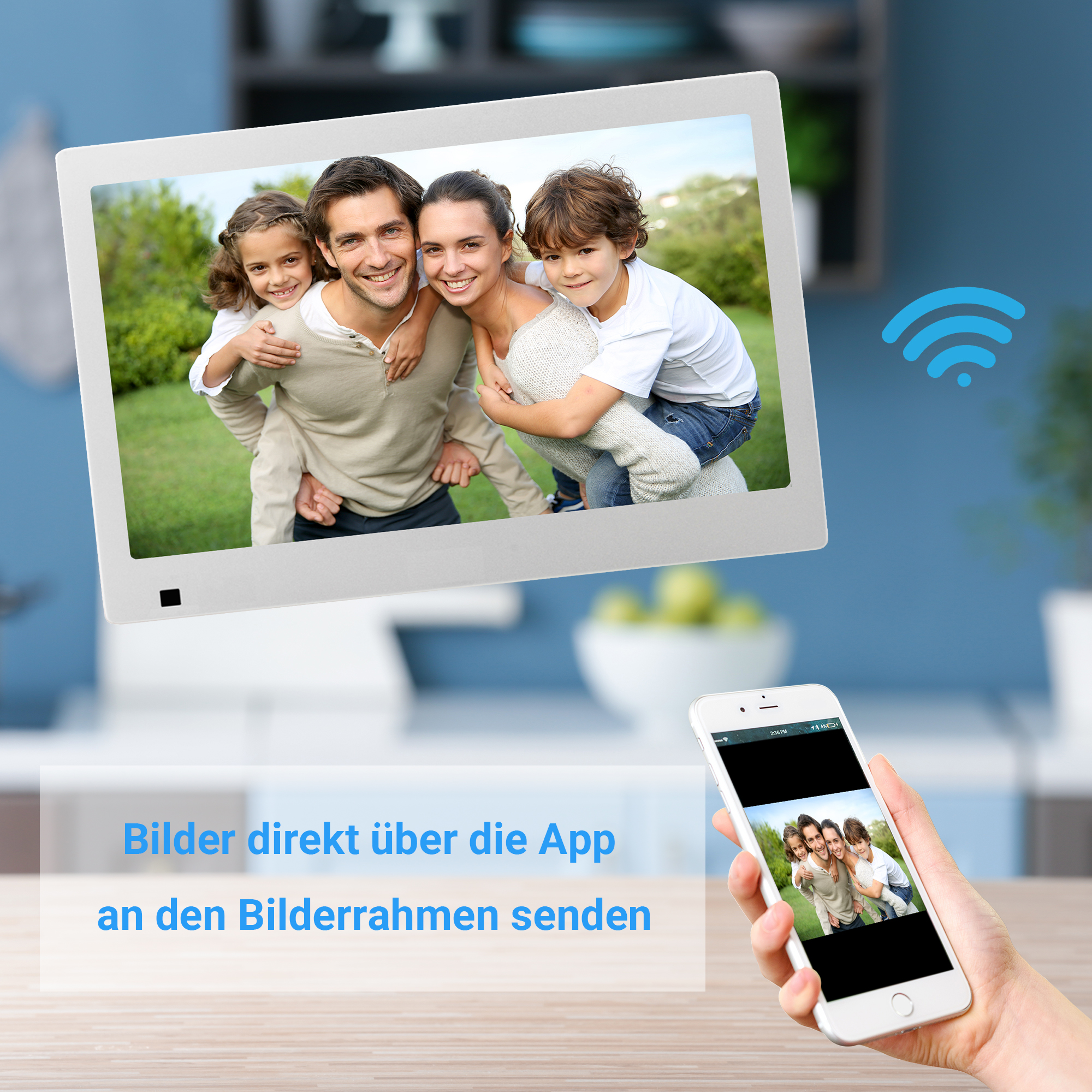 Digitaler Bilderrahmen mit Familienfoto, mit Telefon, das dasselbe Bild zeigt.