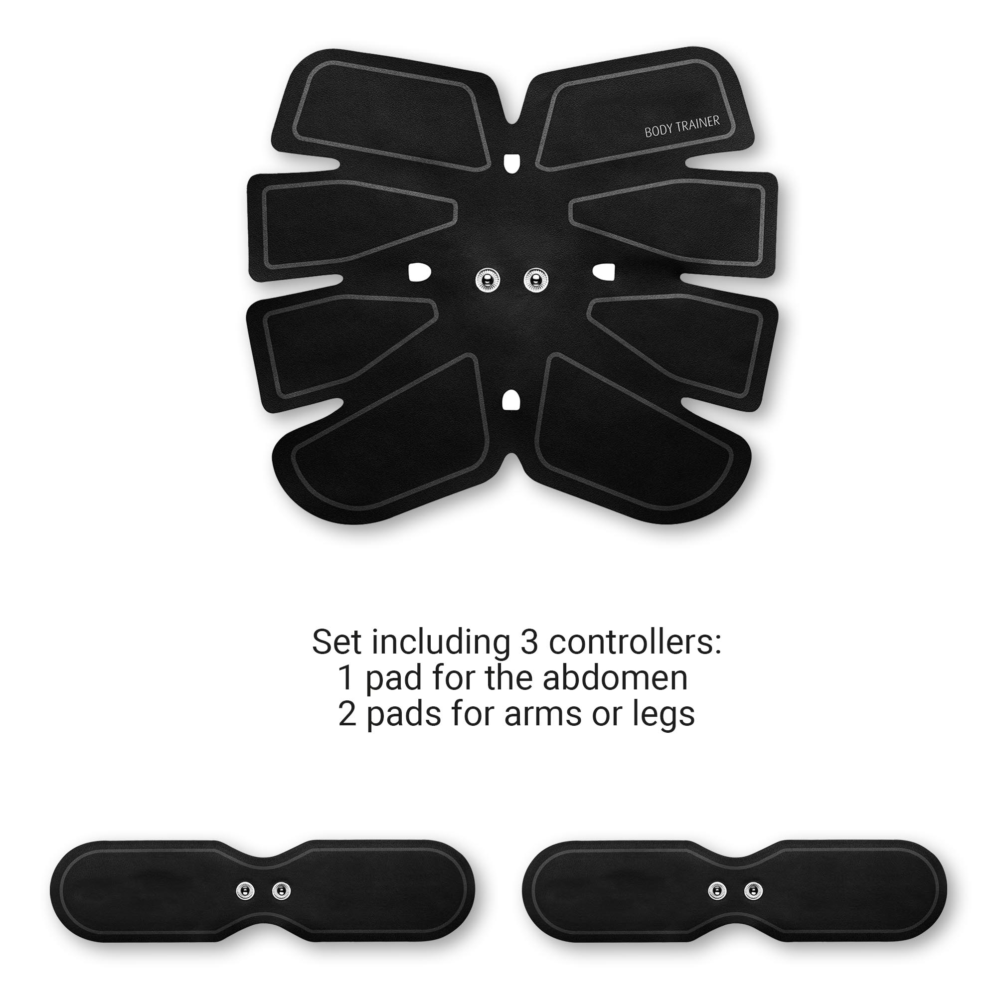 Juego de almohadillas negras para entrenador corporal con controladores y texto instructivo debajo.