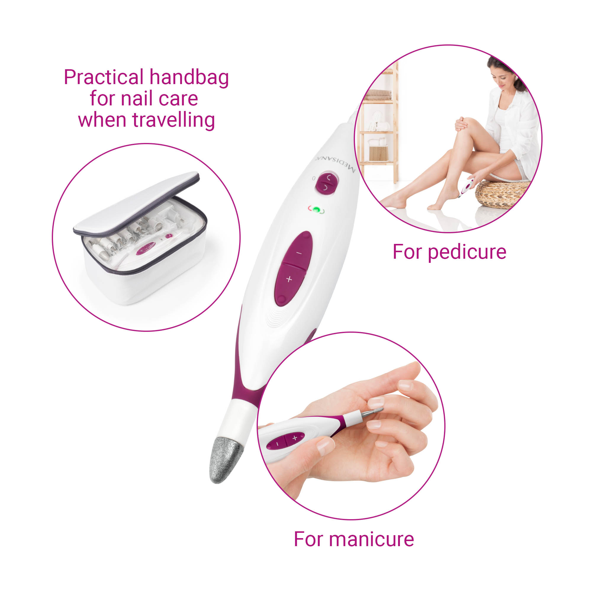 Handheld nail care device with a white case and additional images for manicure and pedicure.