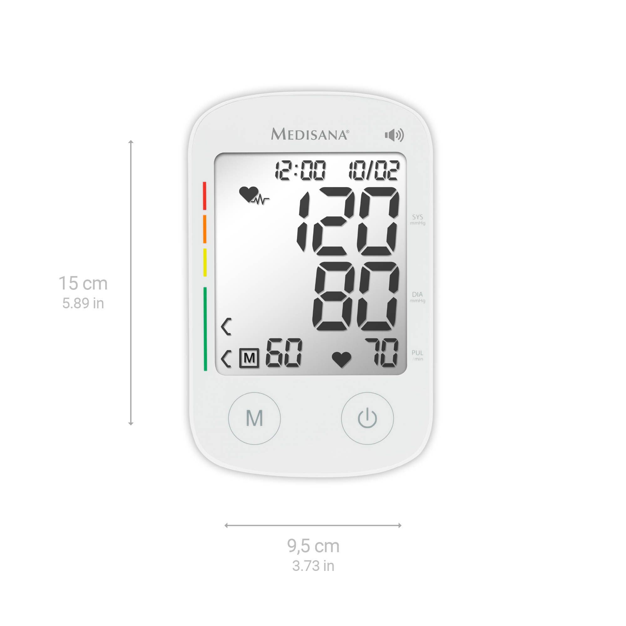 Biały monitor ciśnienia krwi pokazujący odczyty i wymiary 15 cm i 9,5 cm.