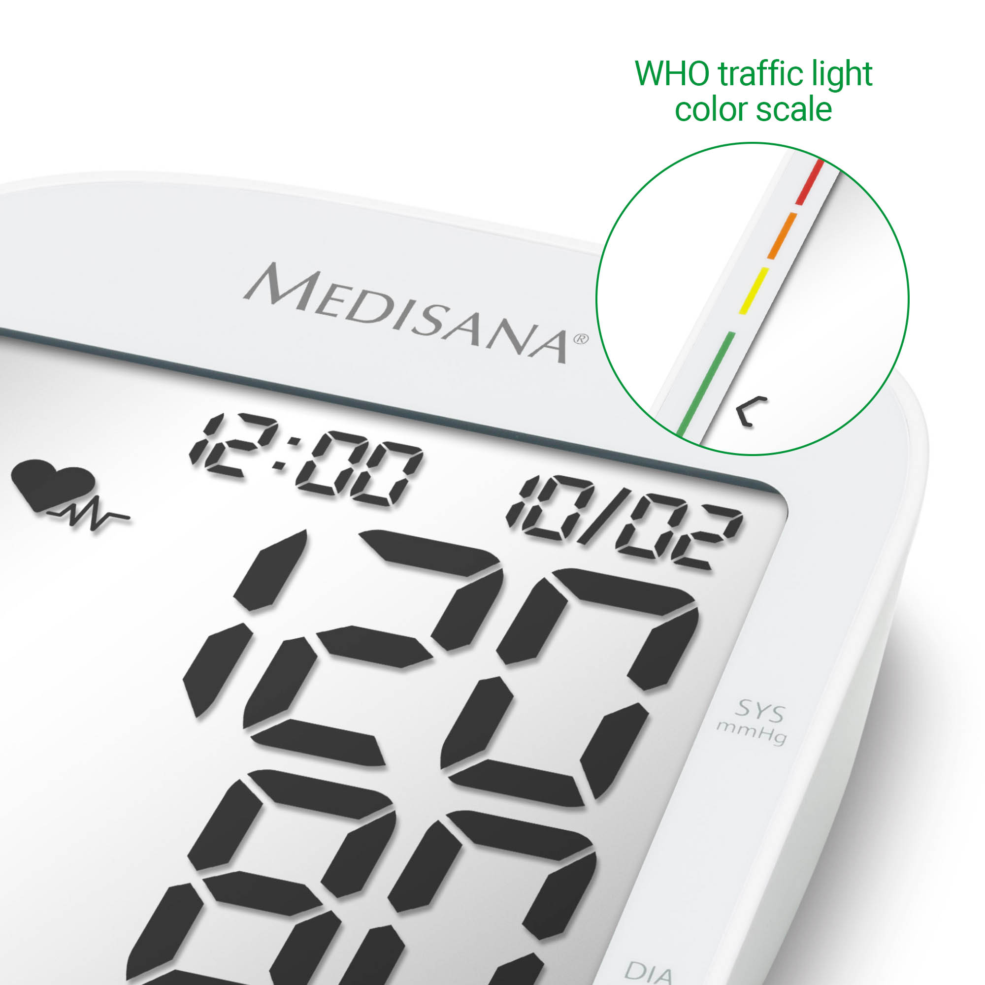 Een digitale bloeddrukmeter met metingen. Een stoplichtkleurenschaal staat rechtsboven.