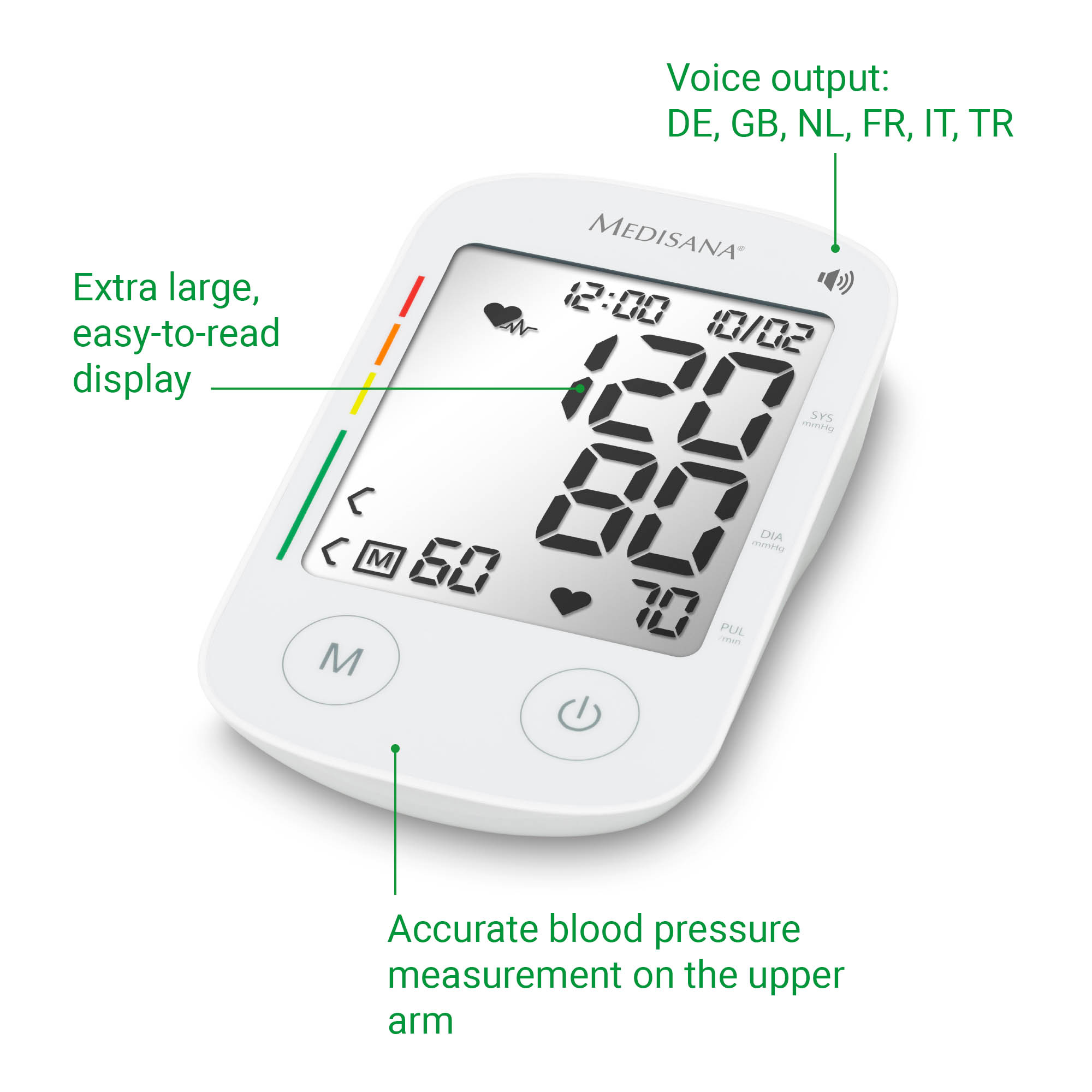 Witte bloeddrukmeter met een digitaal display dat de metingen weergeeft. Tekst en pijlen geven functies aan.