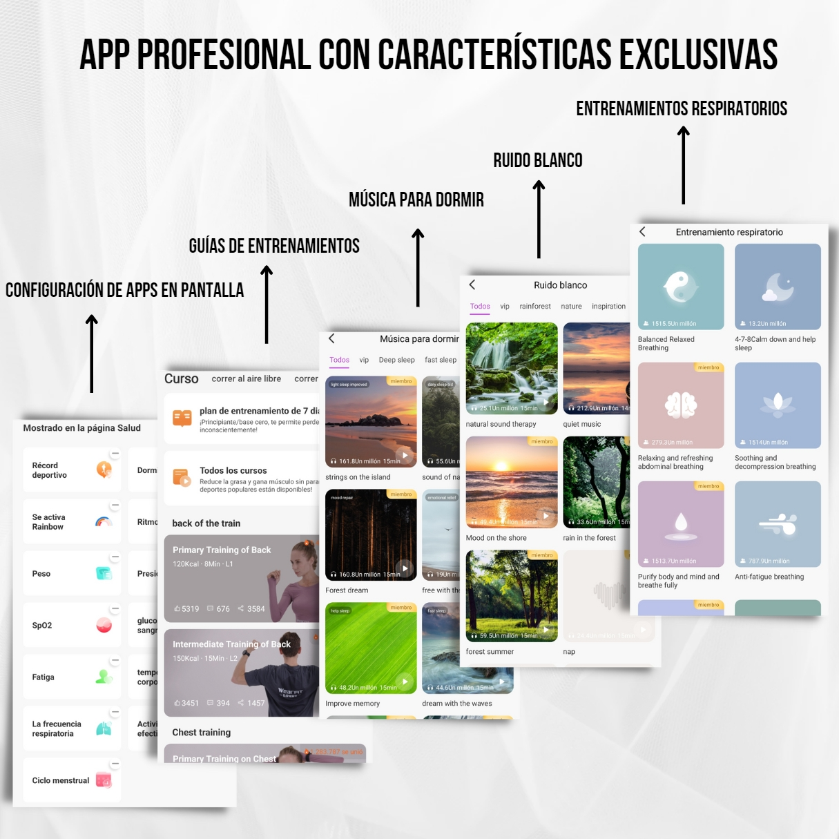 Pantalla de la aplicación mostrando opciones de entrenamiento y controles de música, con datos de salud.