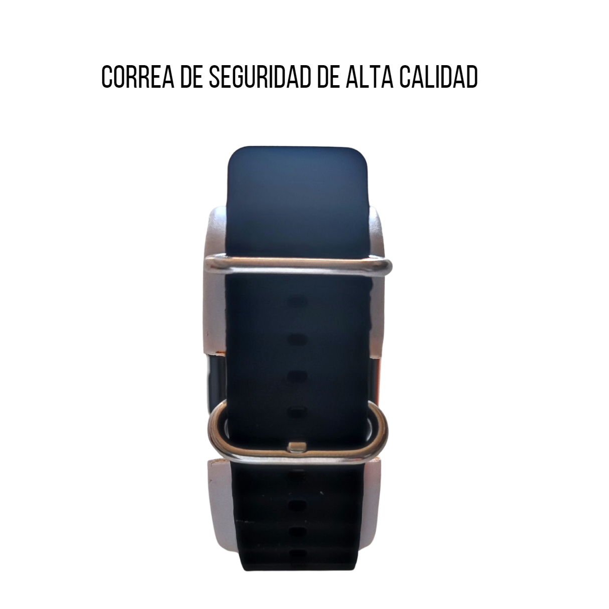 Una correa de reloj inteligente negra con hebilla plateada sobre fondo blanco.