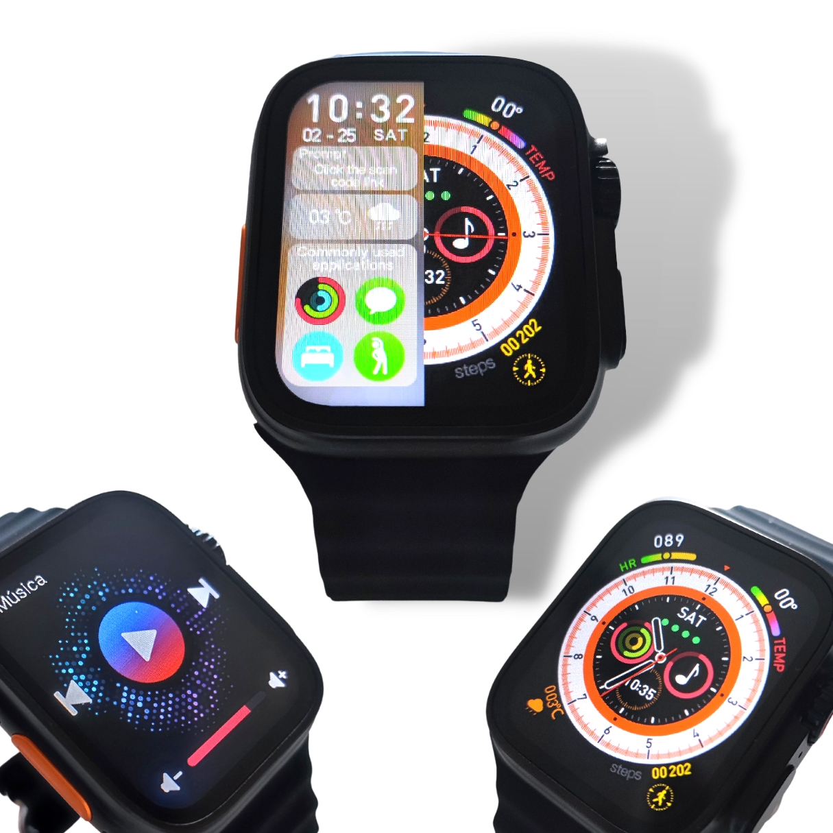 Smartwatch negra mostrando múltiples pantallas. Acentos naranja, correa negra, fondo blanco.