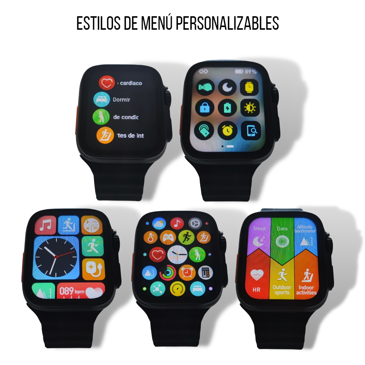 Múltiples smartwatches que muestran diferentes estilos de menú sobre un fondo negro.