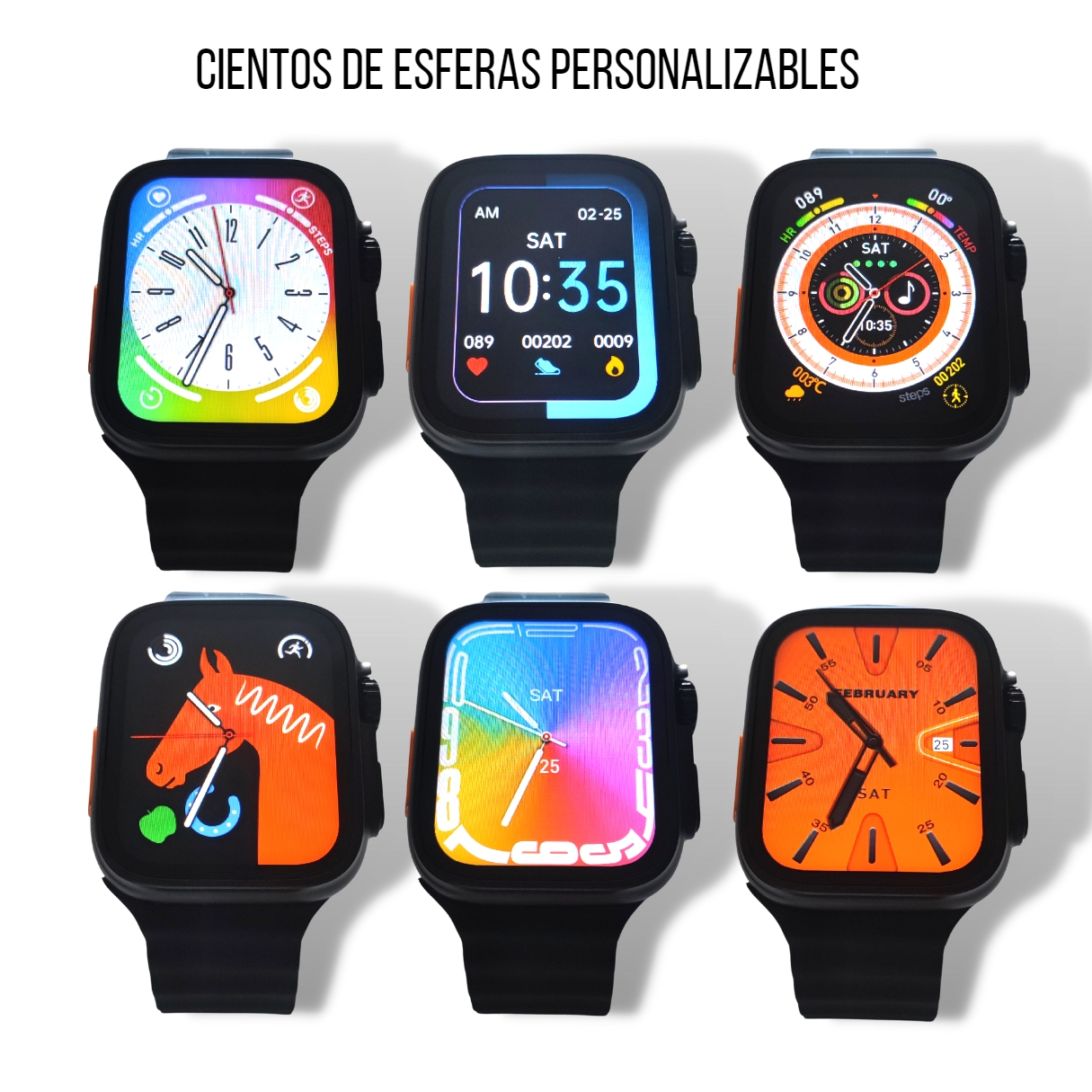 Seis smartwatches con diferentes esferas, correas negras y marcos negros.