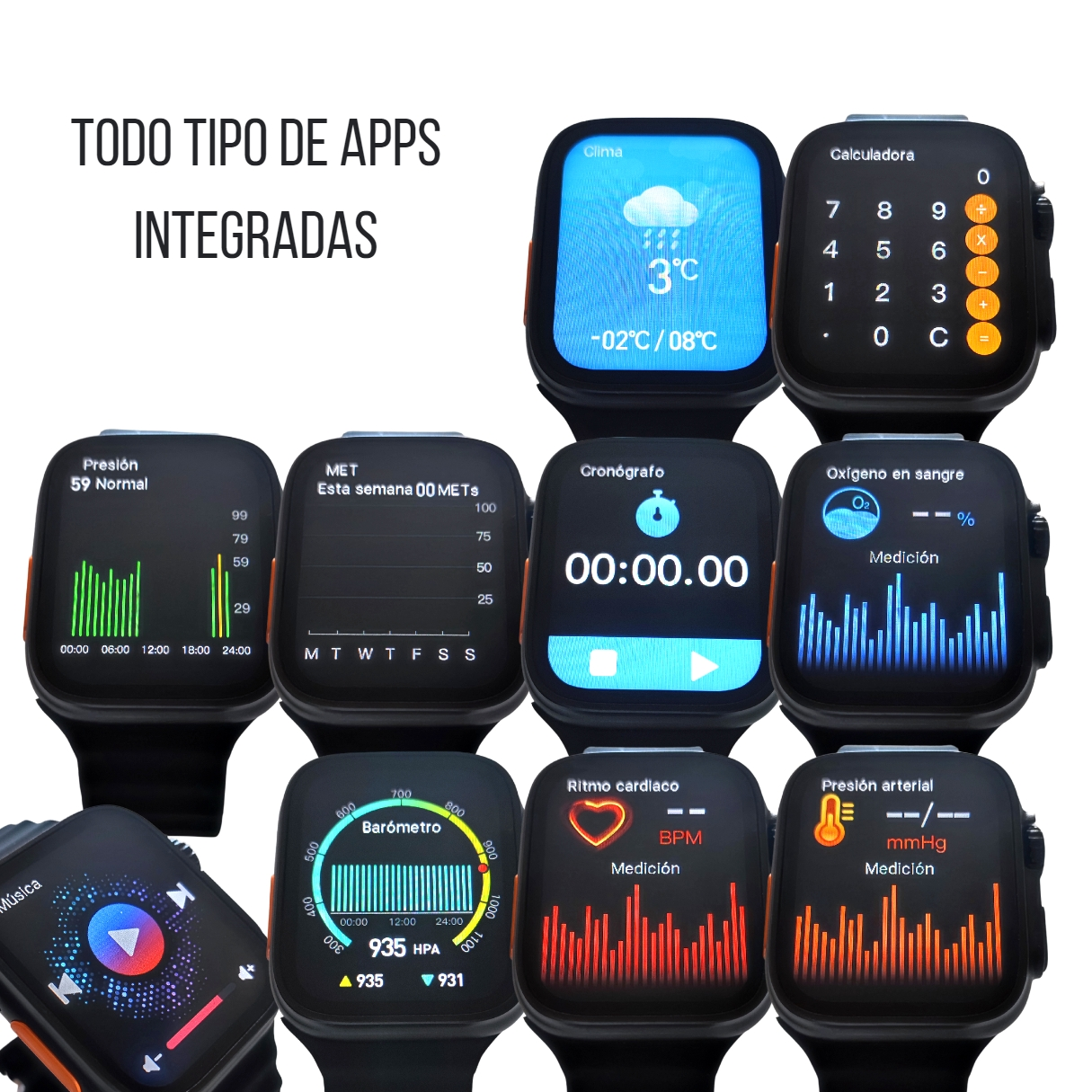 Relojes inteligentes con aplicaciones integradas en pantallas, incluyendo clima, calculadora y métricas de salud.