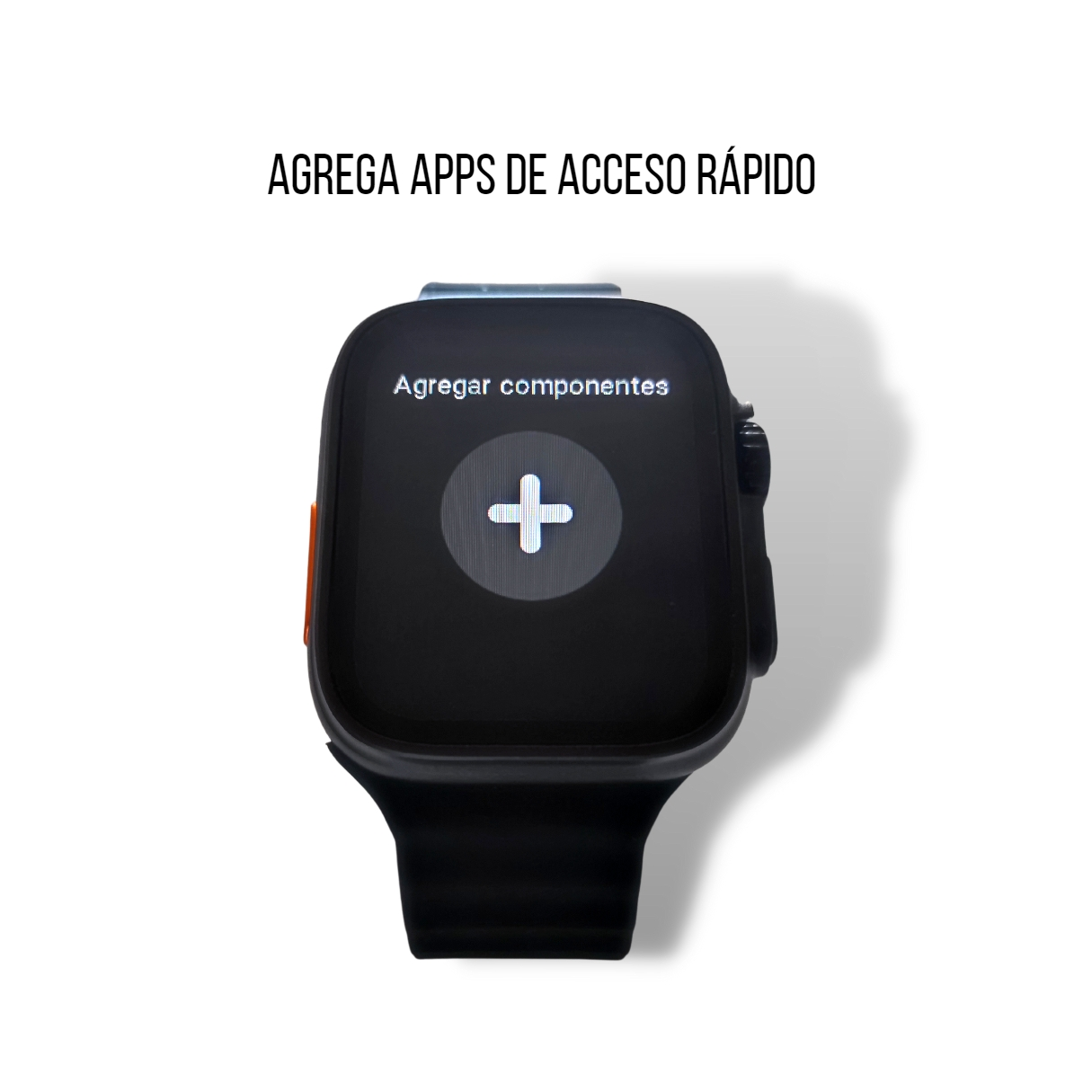 Un smartwatch con correa negra que muestra un signo más y texto en español, sobre un fondo blanco.