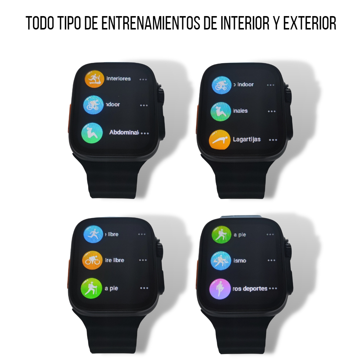 Smartwatches que muestran diferentes opciones de entrenamiento. Texto dice "Indoor", "Outdoor" y tipos de entrenamiento.