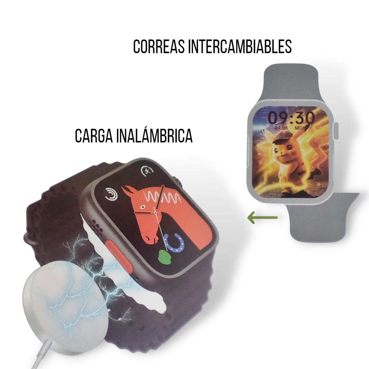 Smartwatch con una cara de caballo rojo en la pantalla. Se muestra una plataforma de carga y correas.
